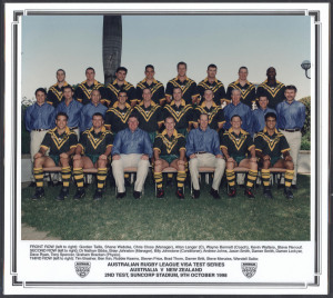 PHOTOGRAPHS: Queenland 1998 State of Origin victorious team incl. Alan Langer (Captain), Gordon Tallis, Kevin Walters, Steve Renouf, Wendell Sailor & Steve Price and coach Wayne Bennett; 1998 Australian team for 2nd Test agianst New Zealand incl. Allan Langer (Captain), Gordon Tallis, Shane Webcke, Andrew Johns, Darren Lockyer, Robbie Kearns, Wendell Sailor and coach Wayne Bennett; both photographs laminated, each overall 26 x 29cm.