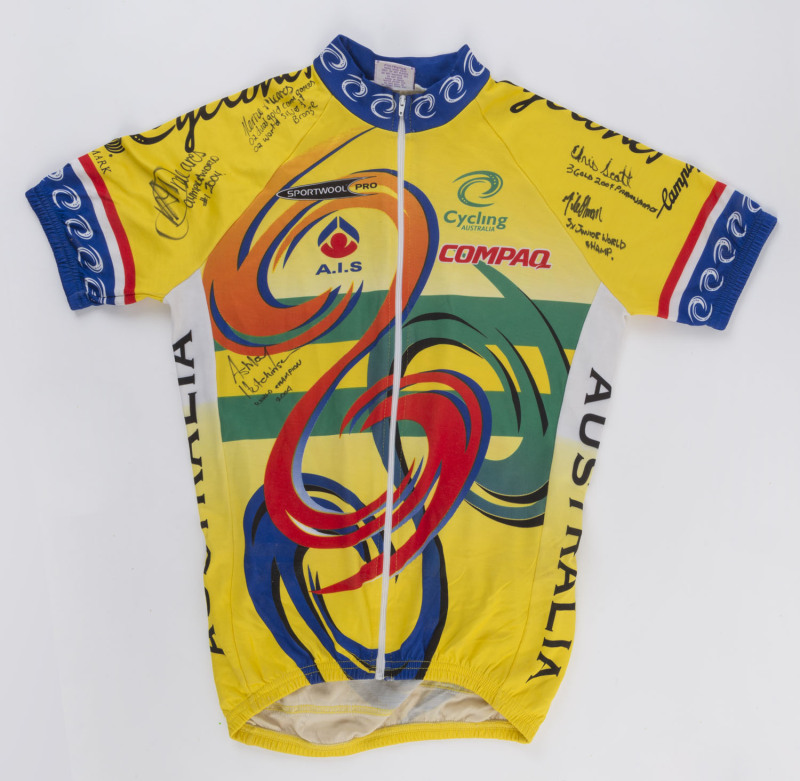 CYCLING AUSTRALIA jersey signed by 2004 Olympic gold medallist Anna Meares, 2004 triple-gold winning Paralympian Chris Scott, 2002 Commonwealth Games dual gold medallist Kerrie Meares, 2004 World Champion gold medallist Ashley Hutchinson, and 2004 triple