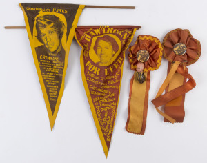 HAWTHORN: 1975 VFL Grand Final pennant with image of Peter Crimmins, (not selected as recovering from chemotherapy treatment) and names of team members incl. Don Scott, Leigh Matthews & Michael Tuck, 1978 "Hawthorn For Ever" premiership team pennant incl. Robert Dipierdomenico, Peter Knights, Leigh Matthews, Kelvin Moore, Don Scott & Michael Tuck; also two supporter rosettes (with badges) from the same era. (4 items)