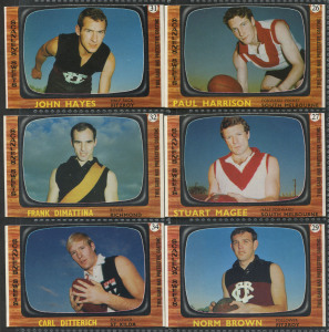 1967 Scanlens "Footballers" [approx 50/72, plus a few duplicates] incl. Bob Skilton, Ted Whitten, John ("Sam") Newman (2), Des Tuddenham, Len Thompson, Ron Barassi, & Graham "Polly" Farmer (2, one creased); generally G to VF. (69)