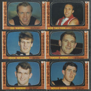 1967 Scanlens "Footballers" [approx 50/72, plus a few duplicates] incl. Bob Skilton, Ted Whitten, John ("Sam") Newman (2), Des Tuddenham, Len Thompson, Ron Barassi, & Graham "Polly" Farmer (2, one creased); generally G to VF. (69) - 2