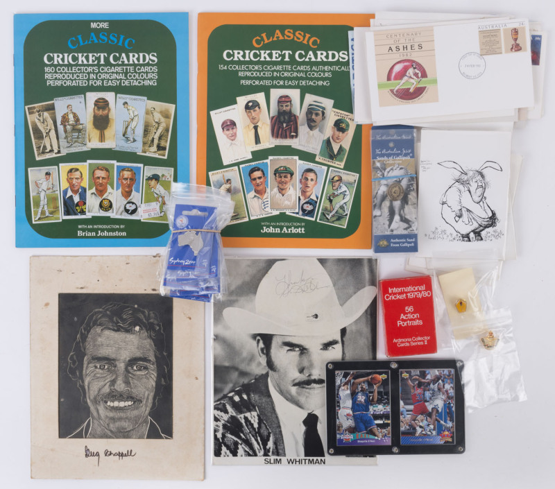 Balance of a consignment with CRICKET: Ardmona 1979-80 International Cricket trade cards [56], pen & ink drawing of Greg Chappell, signed by artist and by Greg Chappell beneath, 1980-81 Classic Cricket Cards books (2) with reproductions of 314 cricket car