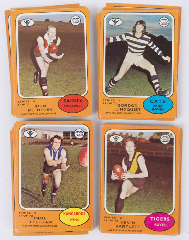 1973 Series B Scanlens "Footballers" complete set [72], plus 3 duplicates, card #72 creased otherwise VG to VF. (75)