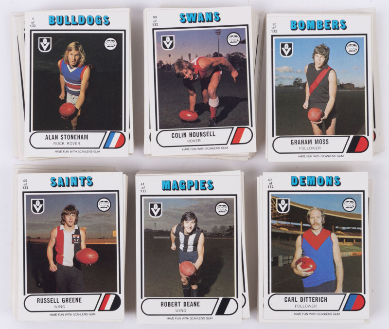 1976 Scanlens "Footballers" duplicates [194] incl. Michael Tuck (2), Leigh Matthews, Trevor Barker & Royce Hart (4); also checklists (15), mostly VG to VF; also Scanlen's 1970s "Card Locker", 14 segments (tear on one internal divider) for card storage wit