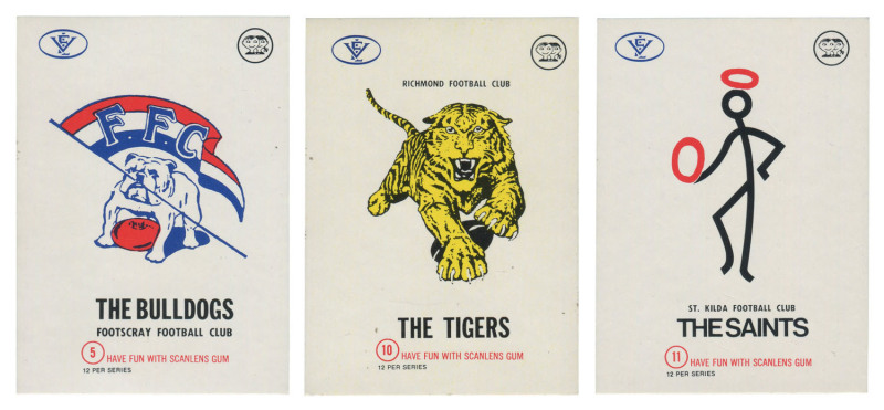 1973 Scanlens: Club Mascot Sticker inserts, complete set [12]; VG to VF and scarce thus.