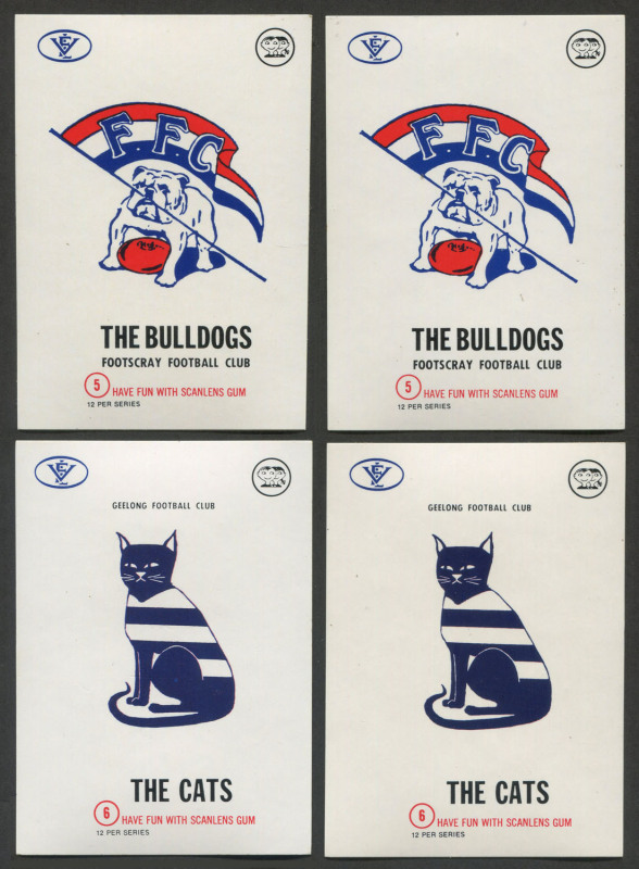 1973 Scanlens: Club Mascot Sticker inserts duplicates comprising No. 2 Hawthorn (3), No. 3 Essendon (3), No. 4 Fitzroy, No. 5 Footscray (2), No. 6 Geelong (3), No 8. Melbourne (4), No.9 North Melbourne (2), No.10 Richmond (2), No.11 St Kilda (4) & No.12 S