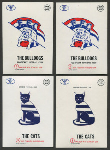 1973 Scanlens: Club Mascot Sticker inserts duplicates comprising No. 2 Hawthorn (3), No. 3 Essendon (3), No. 4 Fitzroy, No. 5 Footscray (2), No. 6 Geelong (3), No 8. Melbourne (4), No.9 North Melbourne (2), No.10 Richmond (2), No.11 St Kilda (4) & No.12 South Melbourne; generally VG to VF. (25)