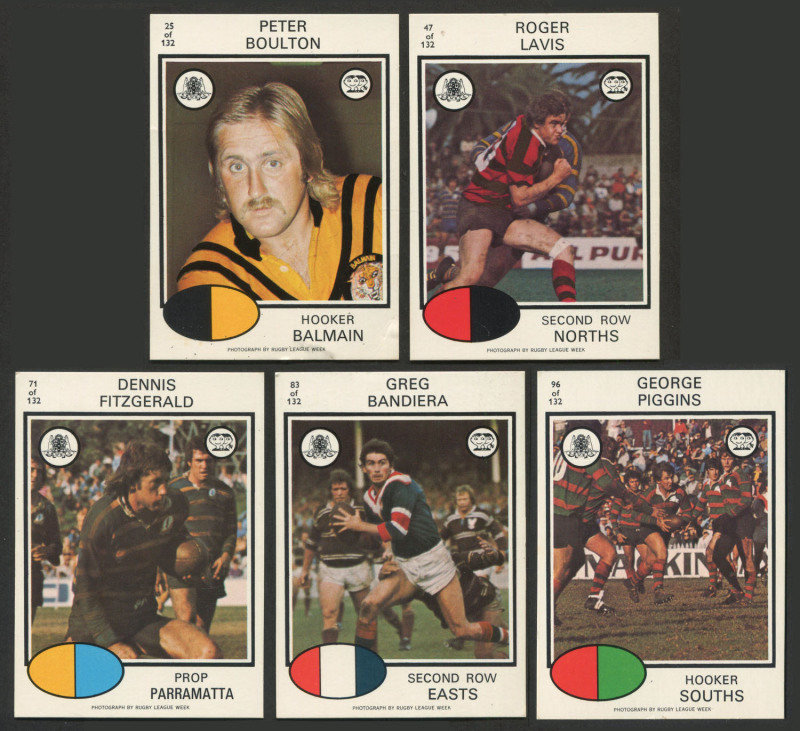 1975 Scanlens Rugby League players [5/132] incl. No. 71 Dennis Fitzgerald & No. 83 Greg Bandiera; 1976 series [21/132] plus 5 duplicates; mostly F/VF. (31)