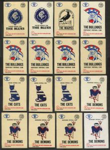 1974 Scanlens: Club Mascot Sticker inserts duplicates comprising No. 1 Carlton (2), No. 2 Collingwood, No. 5 Footscray (5), No. 6 Geelong (3), No 8. Melbourne (5), No. 9 North Melbourne (2), No. 10 Richmond (2), No. 11 St Kilda (5), No 12 South Melbourne (4); most cards somewhat yellowed, otherwise above-average condition. (29)