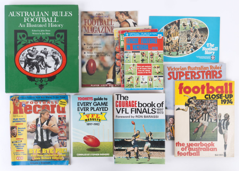 1970-80s Books & Journals comprising "Australian Rules Football - An Illustrated History" by Dunn, "Toohey's Guide to Every Game Ever Played - VFL Results 1897-1982", "The 'Courage' Book of VFL Finals 1897-1973"; journals with 1973 & 1974 editions of "Foo