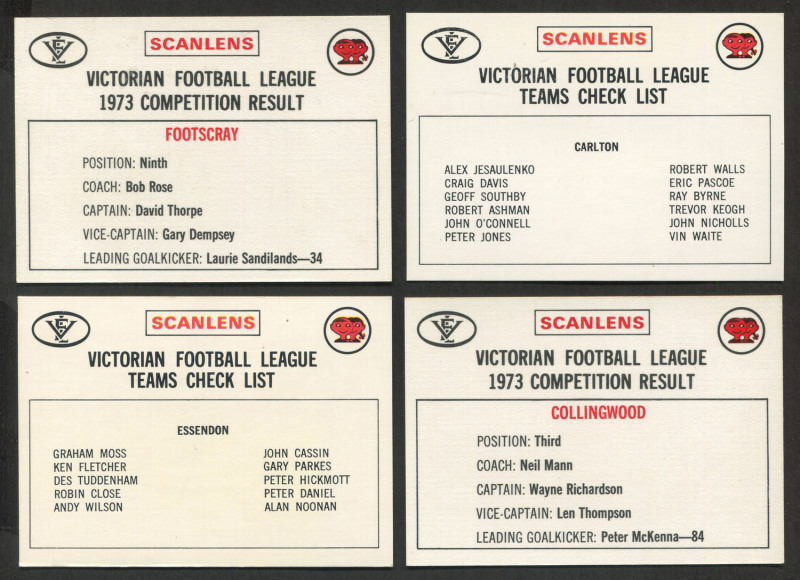 1974 Scanlens "Footballers" team checklists [11/12, ex Richmond] with duplicates comprising Carlton, Collingwood (4, one creased), Essendon (3), Fitzroy, Footscray, Geelong (3), Hawthorn (5), Melbourne, North Melbourne, St. Kilda (3) & South Melbourne (3)