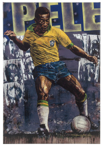 PELE: hand enhanced "Giclee" print on canvas showing the legendary Brazilian dribbling the ball, signed by Pele and by the artist Stephen Holland, limited edition numbered '69' of 97, with CofA, overall 104 x 68.5cm.