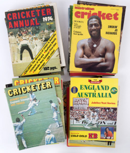 CRICKETING JOURNALS: comprising "Cricketer" magazine issues between 1973-1979 (19, few duplicates) plus 1974, 1975 & 1976 Annuals, "Australia Cricket" issues between 1974-1979 (17), 1975, 1977, 1977-78 editions of "Australian Cricket Yearbook", 1981 "Cricket Year" (ed. Ken Piesse); souvenir publications 1974-75 "Ashes Special", "The 1975 Australians" & 1977 "England vs Australia - Jubilee Test Series". (46)