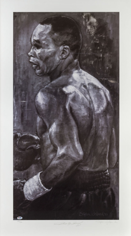 SUGAR RAY LEONARD: Stephen Holland lithograph print of the great American boxer, winner of world titles in five weight divisions, signed beneath by both Leonard and artist Stephen Holland, limited edition numbered '494' of 500, PSA/DNA Certificate of Auth