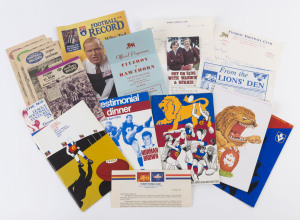 FITZROY: 1973-80 club related publications & emissions with Football Records comprising 1972 vs Hawthorn (Vol.61 No.8), vs Richmond (No.27), vs Melbourne (No. 29), 1975 vs St Kilda (Vol.64 No.10) & 1995 vs West Coast (Rnd.9, first game at Bruce Stadium Canberra); 1973, 1975, 1976 & 1977 Annual Reports & Balance Sheets, 1974 Testimonial Dinner programme for Norm Brown & Russell Crow, 1975 fixture list, 1974 Fitzroy vs Hawthorn practice matches programme