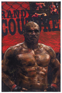 MIXED MARTIAL ARTS - RANDY COUTURE: hand enhanced "Giclee" print on canvas of "The Natural", also known as "Captain America", signed by Couture and by the artist Stephen Holland, limited edition numbered '69' of 97, overall 109 x 69.5cm, purchased at the "Jack Gallery", Las Vegas in 2011. [Randy Couture is a three-time UFC Heavyweight Champion and two-time UFC Light Heavyweight Champion, competing in a record 16 title fights and holds the record for the most wins in UFC heavyweight bouts.