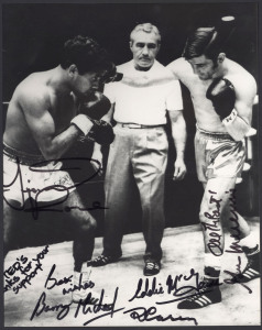 LIONEL ROSE vs JOHNNY FAMECHON: contrived image of the two Australian boxing legends fighting (it never happened in reality), with five signatures including Lionel Rose & Barry Michael.