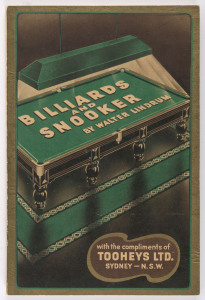 WALTER LINDRUM: c.1940s Toohey's Ltd publication "Billiards and Snooker" by Walter Lindrum with 'Practice Shot' diagrams and photographs of Lindrum at play, 68pp softbound, 18.5 x12cm, fine condition.