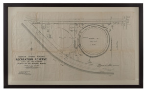 CITY OF MELBOURNE - SPORTS FACILITIES: 1932 (Dec.15) scale drawing by Staff Surveyor for "Amateur Sport Ground/Recreation Reserve/City of Melbourne/Parish of Melbourne North/County of Bourke" bounded by Swan Street to the North, Batman Avenue to the South and West and Punt Road to the East, the plans featuring a Motordrome and Sports Ground on the eastern side and a cricket oval on the western side; issued by Authority of "HJ Green, Govt Printer", framed and glazed, overall 72 x 114.5cm.