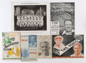 'ASHES' TEST CRICKET PUBLICATIONS: comprising "1936-1937 The Ashes - Wrigley Souvenir Book", 1948 "Cricket Stars No.1 - Past - Present - Future" (Bradman on front cover), 1948 "The Story of Test Cricket, England v Australia" (Bradman on front cover), signed by Neil Harvey, 1948 "Cricket - The Australian Tour" (fixtures, records & photographs of players), 1948 "Tour Fixture List and Results to Date" (up to 3rd Test); also 1934 Daily Mail souvenir photograph of the Australian cricket team.