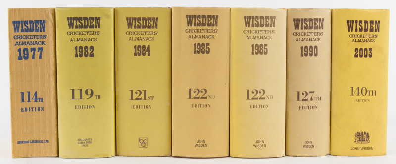 WISDEN'S ALMANACKS: original linen cover editions for 1977, plus hardbound editions, with dust jackets, for 1982, 1984, 1985 (2), 1990 & 2003.