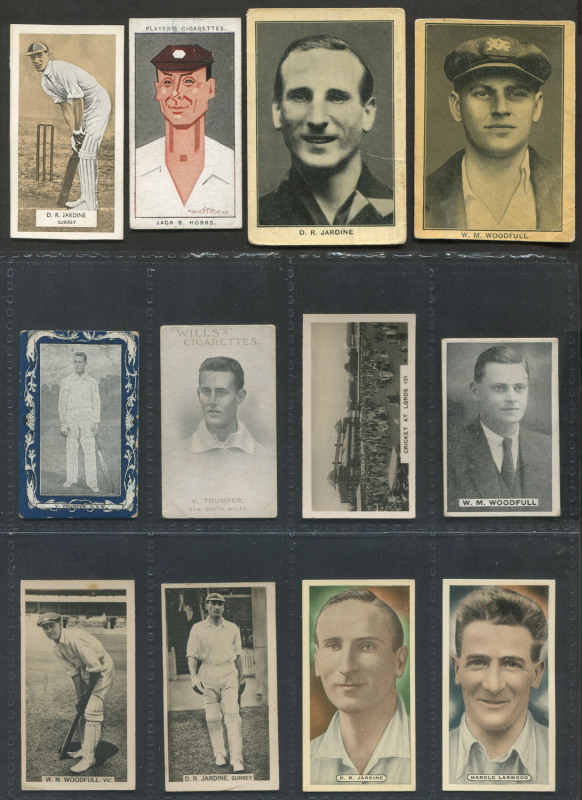 Selection of older cards including 1908 Capstan "Australian and English Cricketers" Re-issued Series with red captions [8/8, cards #66-73] incl. Jack Hobbs & Sydney Barnes, plus a single card from previous 1907 Series (#4, Victor Trumper); miscellaneous c