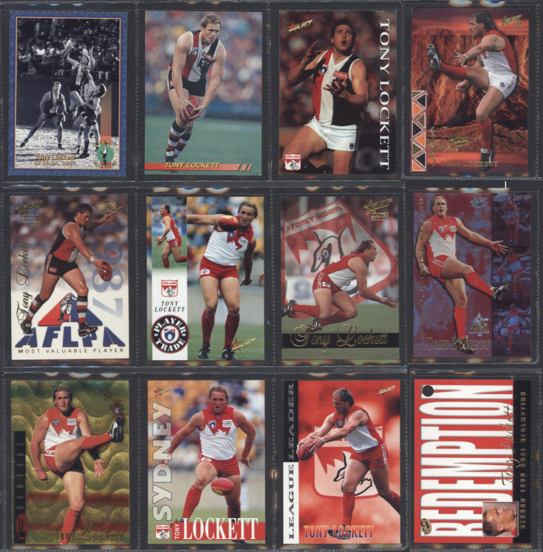 AFL SELECT - "TONY LOCKETT": Selection of 12 cards featuring the St Kilda & Sydney Swans legend including 1999 limited edition "1300 Goal Kicking Record" card, plus Redemption Card; VF.