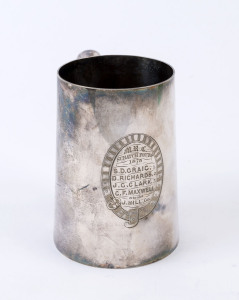 Melbourne Rowing Club silver plated tankard awarded to 1875 "Scratch Fours" winners, the names of the winning team and cox engraved within a belt and buckle motif, height 12cm, weight 369gr.