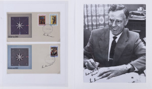 IAN JOHNSON - AUSTRALIAN CAPTAIN 1954-57: selection of items with signed photograph (24 x19cm), two 1996 signed letters, signed first day covers (72). including 1957 Christmas also signed by stamp designer Donald Cameron & 1977 Centenary of Test Cricket additionally signed by designer Bruce Weatherhead: also DON BRADMAN copy of an image of Bradman by Peter Layton (used on 2001 45c Bradman postage stamp), signed by Layton, Bradman related first day covers