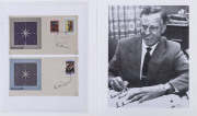 IAN JOHNSON - AUSTRALIAN CAPTAIN 1954-57: selection of items with signed photograph (24 x19cm), two 1996 signed letters, signed first day covers (72). including 1957 Christmas also signed by stamp designer Donald Cameron & 1977 Centenary of Test Cricket a