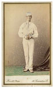 Circa 1870s hand-coloured carte de visite photograph of a cricketer taken by C.Hewiit Studios in Melbourne, 10 x 6.5cm