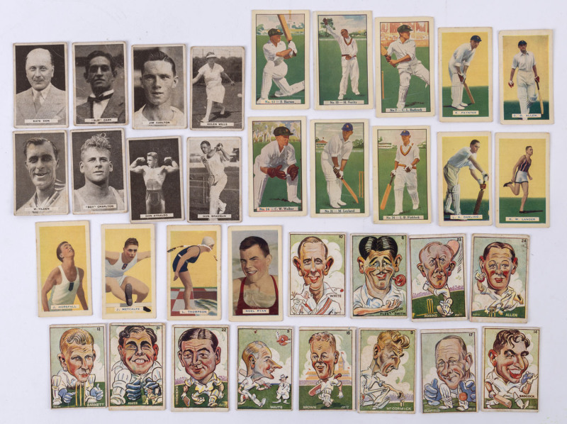 1930s Selection with 1938 Sweetacres "Caricatures" [12/24] (scarce), Allen's 1938 "Cricketers" [5/36]; also 1933 Sweetacres "Sports Champions" [8/48] incl. #48 Don Bradman, 1932 Hoadley's "Empire Games & Test Teams" [8/50] incl. cricketers E. Paynter, L.S