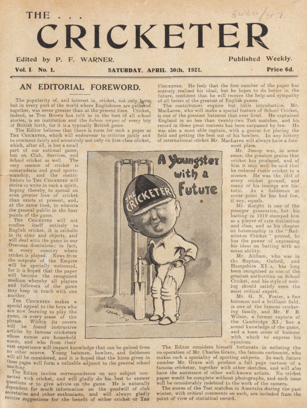 "The Cricketer" magazine (United Kingdom) complete run of issues from 1921 (Vol. 1 No. 1) to December 2014 in 95 cloth-bound volumes in Lincoln green with gilt titles on the spine.