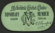 MELBOURNE CRICKET CLUB: 1943-44 Honorary Membership Ticket for "Mr B.L. Grant", numbered 'H64' on thick green card, dated '1SEP1943'.