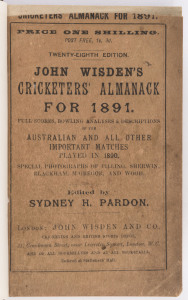 "Wisden Cricketers' Almanack for 1891", rebound in maroon cloth with gilt on spine, front wrapper intact (small section cut-away at top), without back wrapper, advertising end papers & photoplate intact. Fair/Good condition.