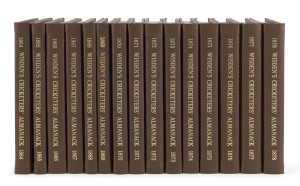 WISDENS: 1865-1878 reprint set of the first 15 editions by Lowe & Brydone, all superbly reprinted in original style, professionally bound by L.J. Cullen (Sydney). A most desirable group.