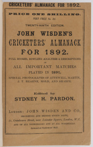 "Wisden Cricketers' Almanack for 1892" rebound in blue cloth with gilt on spine, original wrappers, advertising end pages and photoplate intact, G/VG condition.