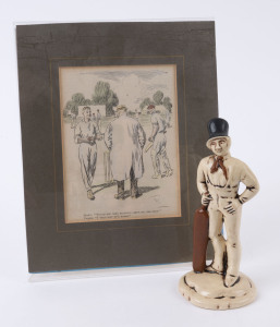 c.1980s glazed pottery figurine of 19th century cricketer, marked Dunhill For Men "Victorian Era Sports Series No 1026", height 18cm; also a mounted newspaper print of a bowler humorously engaging with an umpire, overall 26 x 20cm. (2 items)