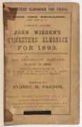 "Wisden Cricketers' Almanack for 1893", rebound with brown cloth boards and gilt on spine, aged original wrappers intact with some tape residue, advertising end papers and photoplate intact, intermittent internal age spots, Fair/Good condition overall.