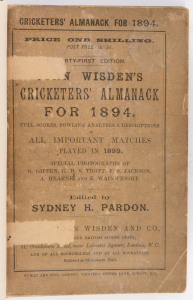 "Wisden Cricketers' Almanack for 1894", rebound with brown cloth boards and gilt on spine, aged original wrappers intact with some tape marks, the back wrapper with edge defects, advertising end papers and photoplate intact, intermittent internal age spots, Fair/Good condition overall.