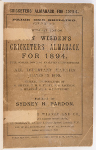 "Wisden Cricketers' Almanack for 1894", rebound with brown cloth boards and gilt on spine, aged original wrappers intact with some tape marks, the back wrapper with edge defects, advertising end papers and photoplate intact, intermittent internal age spot