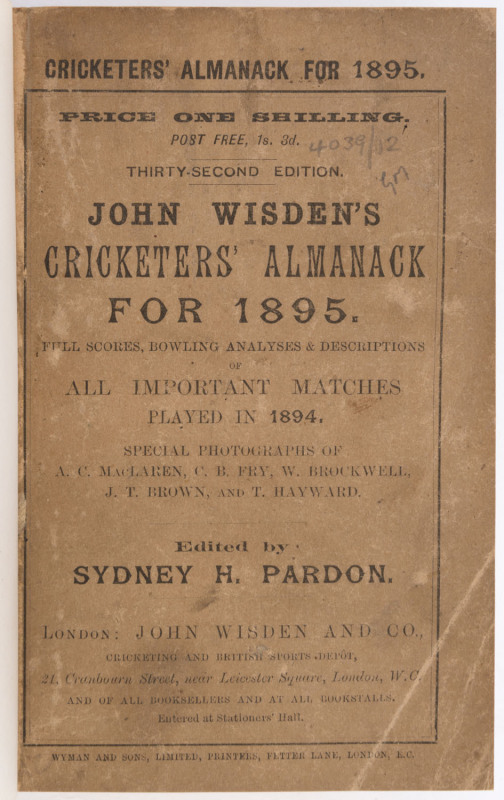 "Wisden Cricketers' Almanack for 1895" rebound into brown cloth boards with gilt on spine, original wrappers (aged) and advertisements with the photoplate intact; lightly aged contents, Fair/Good condition overall.