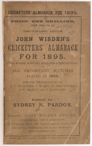"Wisden Cricketers' Almanack for 1895" rebound into brown cloth boards with gilt on spine, original wrappers (aged) and advertisements with the photoplate intact; lightly aged contents, Fair/Good condition overall.
