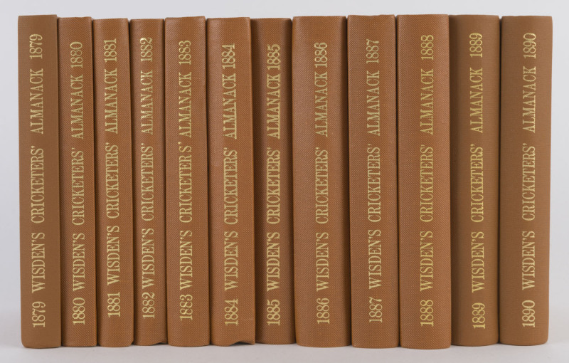 1879-1890 run of Willow "Tan" Wisden Reprints,1879 from a limited edition of 1000, 1880-84 & 1886-90 all from a limited edition of 500, 1885 edition unnumbered; 1882-83 & 1885 pages a tad aged, overall condition VG/VF. (12)