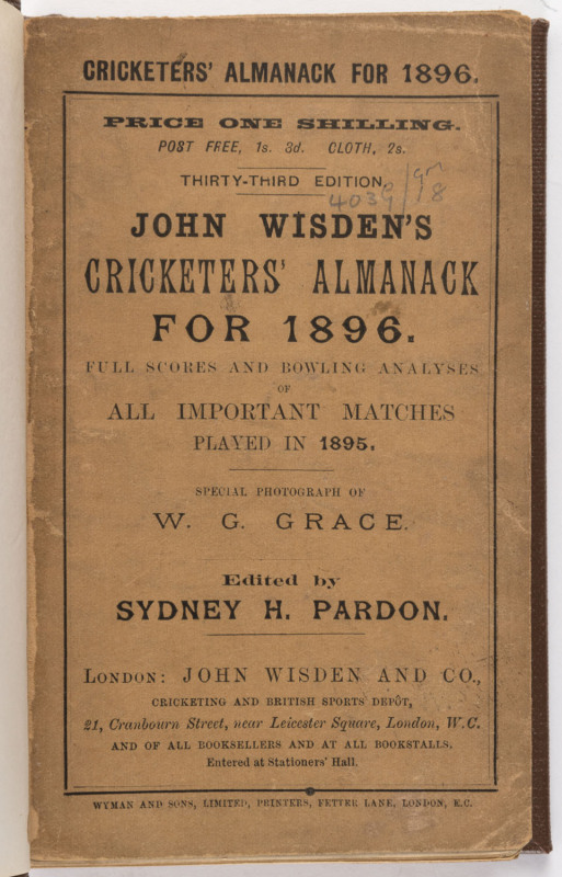 "Wisden Cricketers' Almanack for 1896" rebound into brown cloth boards with gilt on spine, original wrappers (aged) and advertisements with the photoplate intact; Good/Very Good condition.