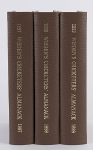 1897, 1898, & 1899 editions of Wisden Cricketers' Almanack rebound into brown cloth boards with gilt on spine, 1897 with original wrappers (aged & stained), 1898 & 1899 with replacement (plain) back wrappers, advertisements and photoplates are intact; Fair/Good condition.