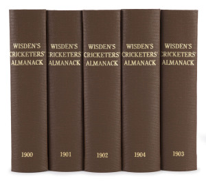 1900, 1901, 1902, 1903 & 1904 editions of Wisden Cricketers' Almanack rebound into brown cloth boards with gilt on spine, 1901 missing wrappers, 1900, 1902, 1903 & 1904 with wrappers intact (variable condition), all the editions with complete advertisemen