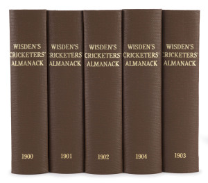 1900, 1901, 1902, 1903 & 1904 editions of Wisden Cricketers' Almanack rebound into brown cloth boards with gilt on spine, 1901 missing wrappers, 1900, 1902, 1903 & 1904 with wrappers intact (variable condition), all the editions with complete advertisements and photoplates; Fair/Good condition. (5)