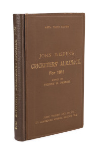 "John Wisden's Cricketer's Almanack for 1916" original hardbound edition, rebound with spine cloth replaced (the original spine cloth piece has been retained), the bookbinder has pasted white end papers over the original inside-front and inside-back cover advertising, otherwise completely intact. A very rare hardbound edition.