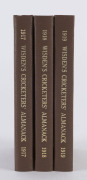 1917, 1918, & 1919 editions of Wisden Cricketers' Almanack rebound into brown cloth boards with gilt on spine, all with the original wrappers more or less aged, all advertising papers intact. Elusive wartime issues. (3)